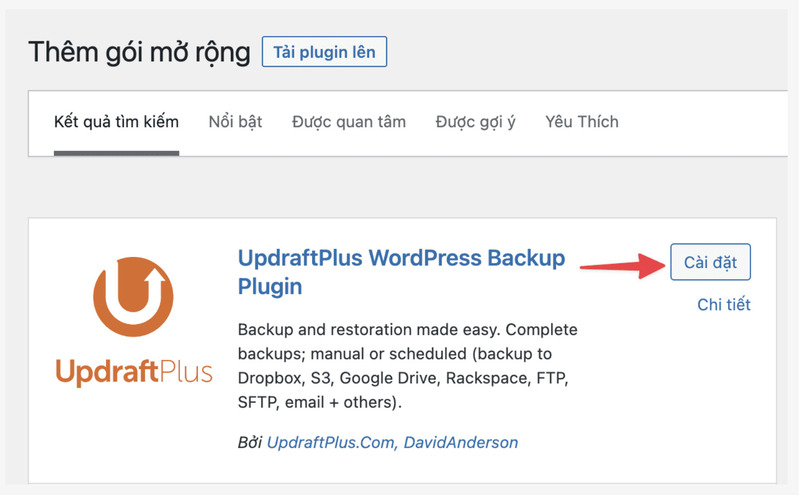 Plugin UpdraftPlus giúp backup dữ liệu cho website WordPress