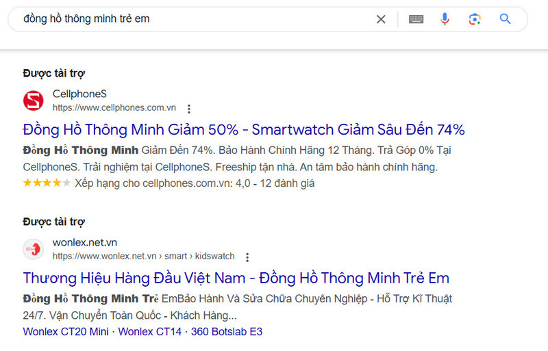 Quảng cáo tìm kiếm hiển thị ở 2 vị trí đầu tiên khi bạn tìm kiếm từ khóa “Đồng hồ thông minh trẻ em”
