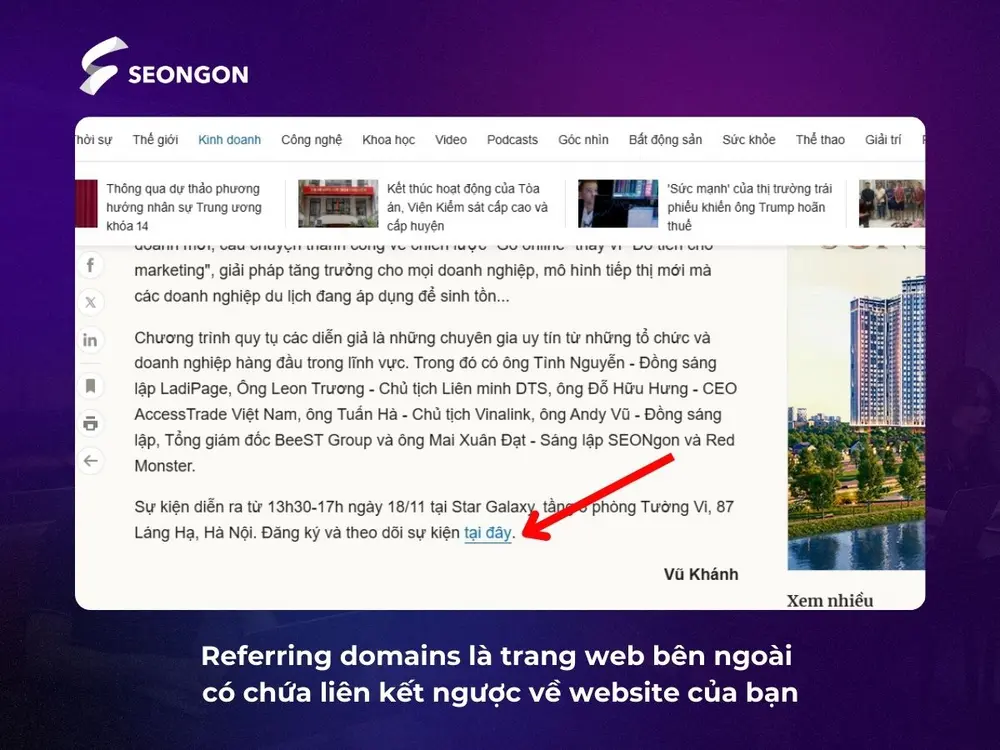 Referring domains là một trang web bên ngoài có chứa liên kết ngược (backlink) trỏ đến website của bạn.