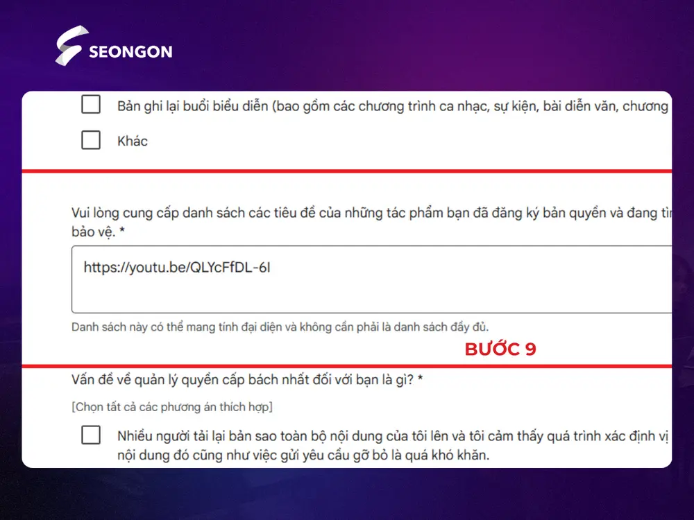 Sao chép liên kết đầy đủ và dán vào ô yêu cầu trên YouTube