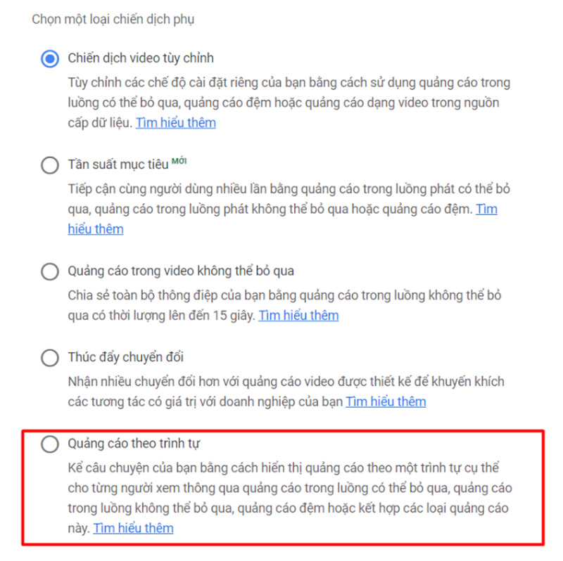 Sử dụng loại chiến dịch phụ “Video theo trình tự” để tăng mức độ ghi nhớ