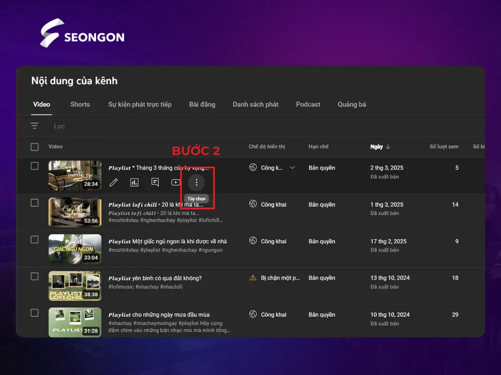Tại danh sách, ấn vào video bất kỳ và ấn Tùy chọn