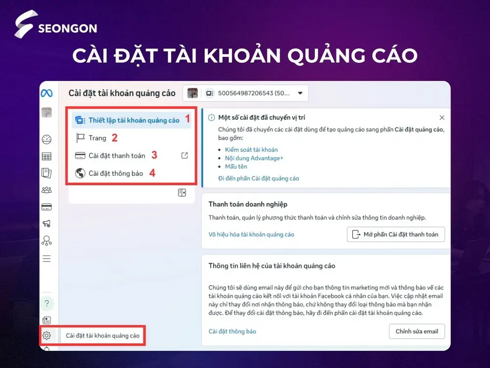 Tại mục Cài đặt, bạn có thể thiết lập tài khoản, trang, thanh toán và thông báo