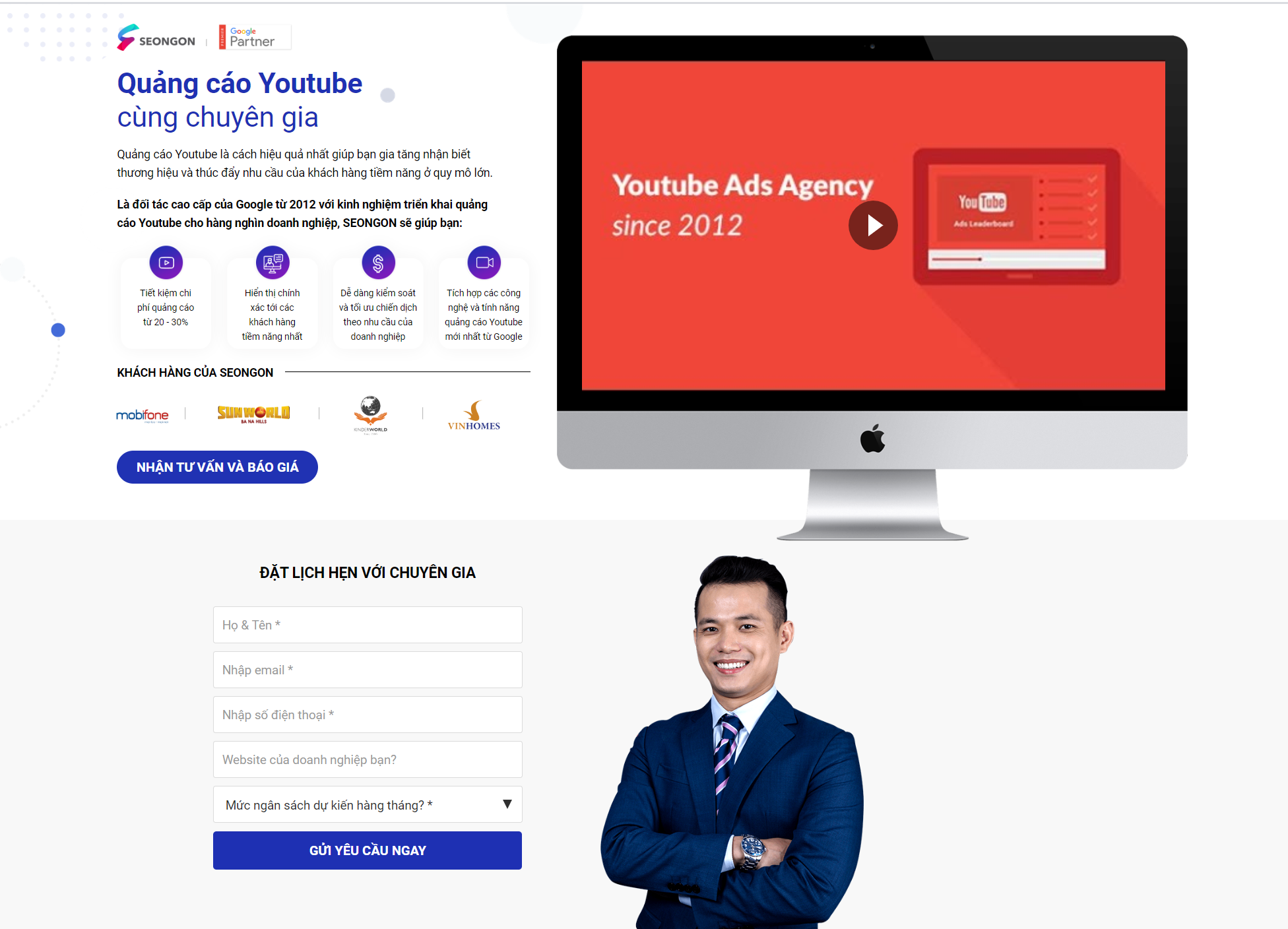 Hình ảnh trang đích dịch vụ Quảng cáo YouTube của SEONGON
