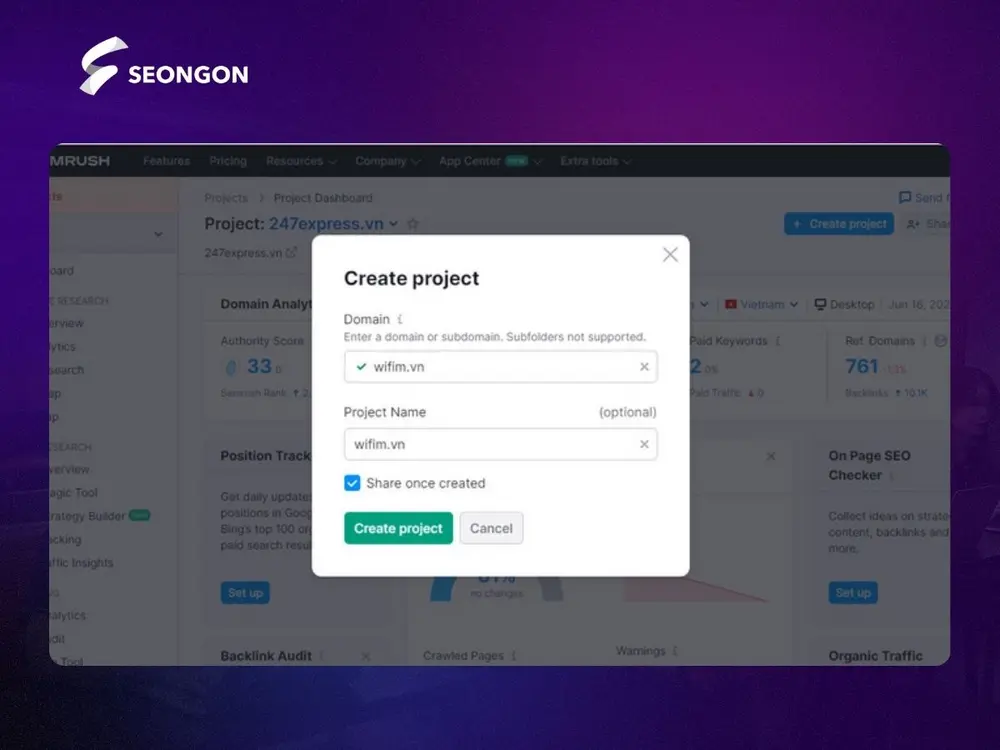 Tạo dự án mới và bắt đầu phân tích website trong SEMRush