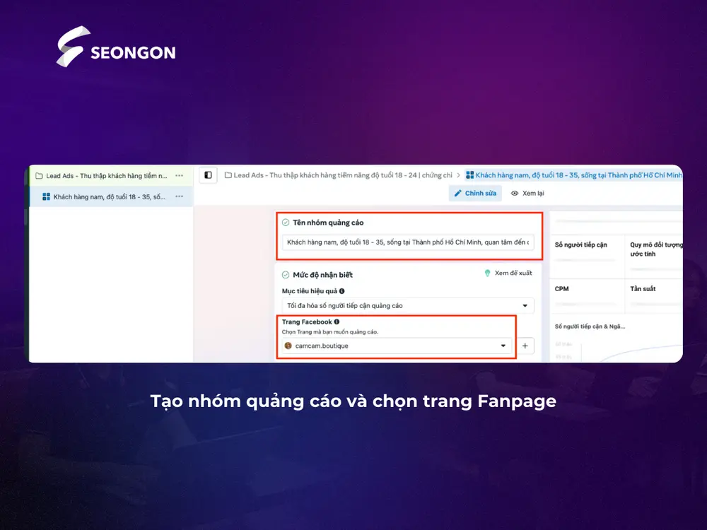 Tạo nhóm quảng cáo và chọn trang Fanpage