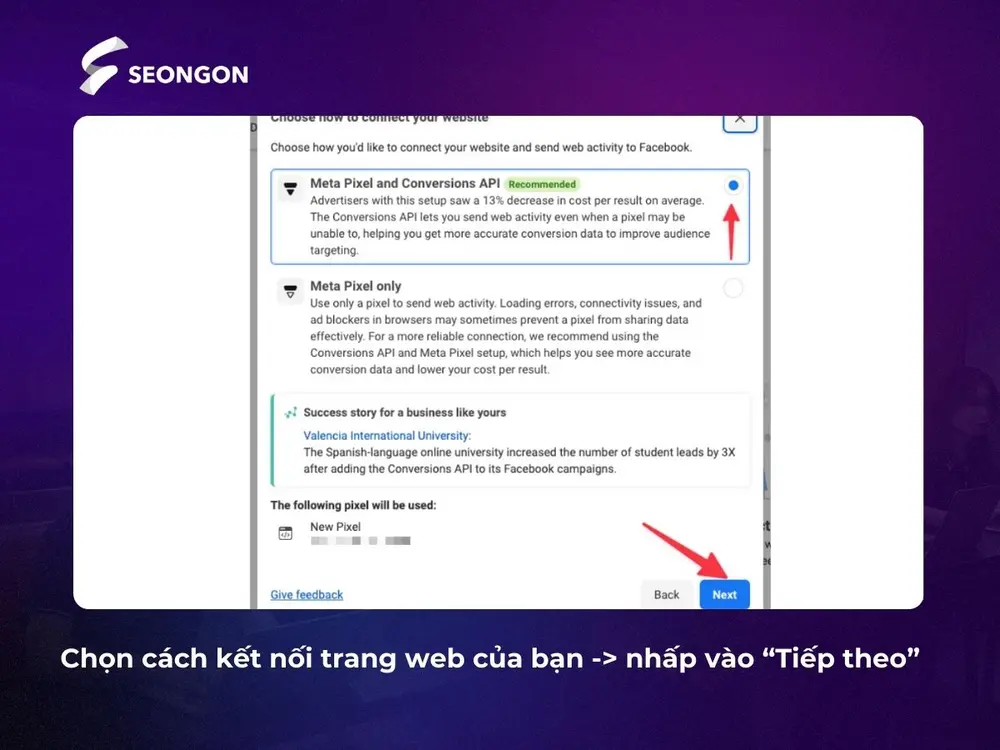 Thao tác chọn cách kết nôi website