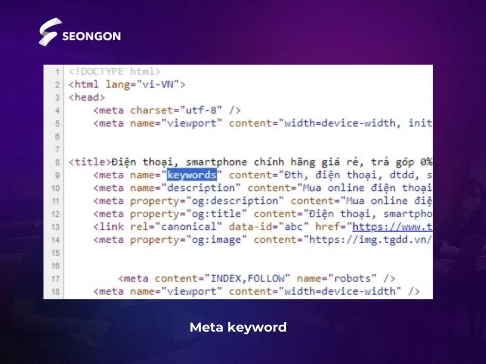 Thẻ meta keyword nằm ở phần