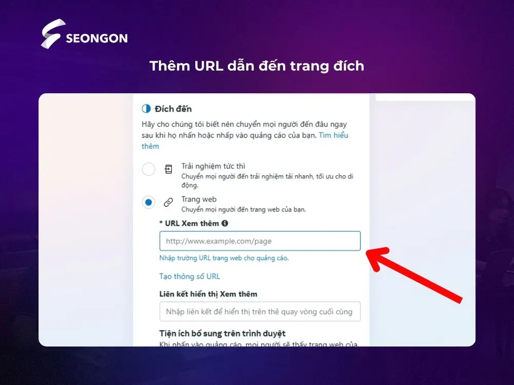 Thêm URL dẫn đến trang đích