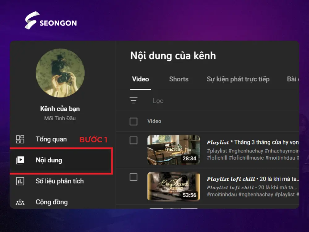 Truy cập phần nội dung trên Youtube Studio