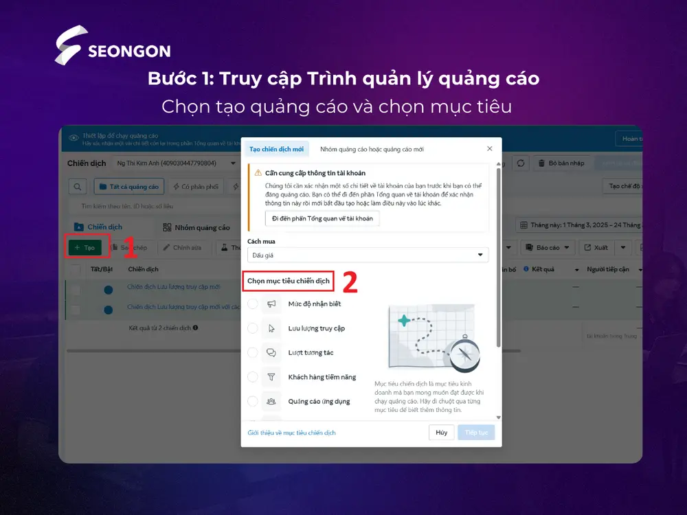 Truy cập vào quản lý quảng cáo và tạo quảng cáo mới