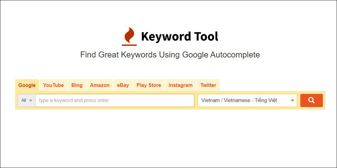 Giao diện công cụ nghiên cứu từ khóa phủ định - Keywordtool.io