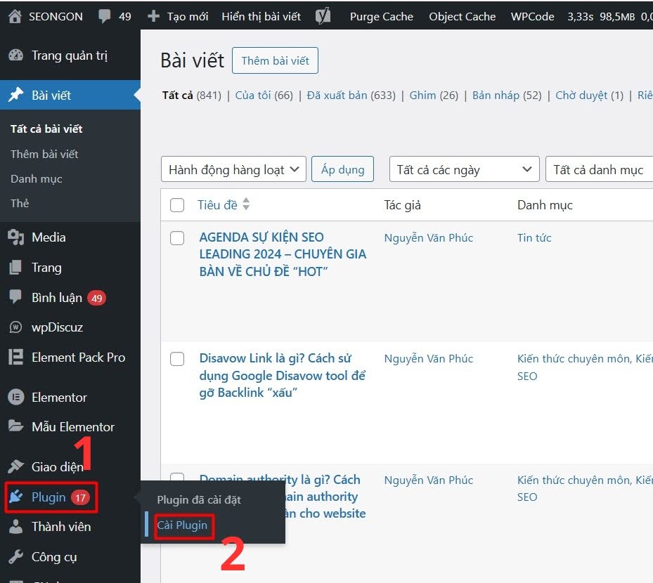 Truy cập tới trang quản trị Wordpress và tìm cài đặt Plugin