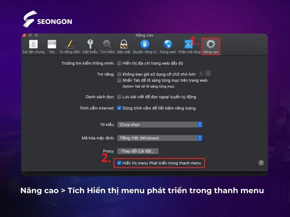 vào Nâng cao (Advanced) và tích vào Hiển thị menu phát triển