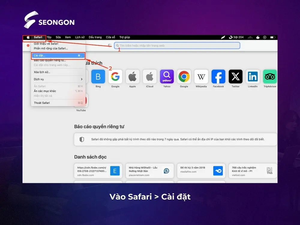 Vào Safari và chọn Cài đặt