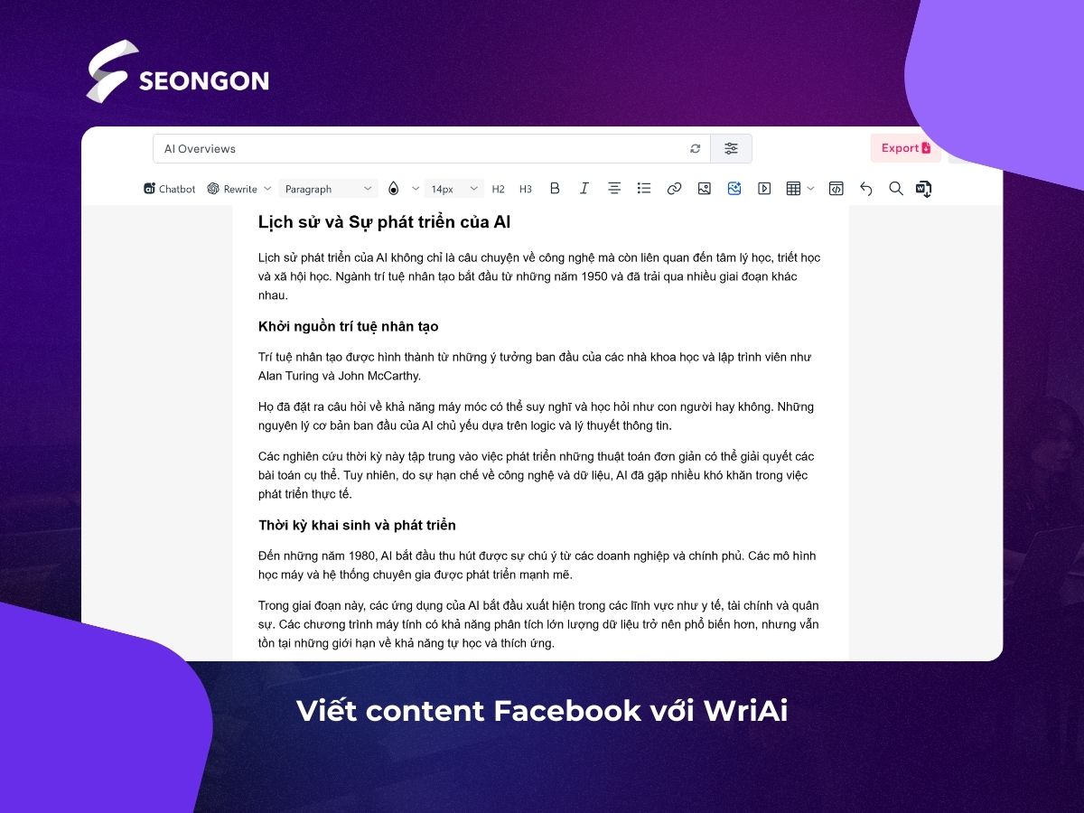 WriAi hỗ trợ người dùng tạo nội dung Facebook nhanh với từ khóa, chủ đề