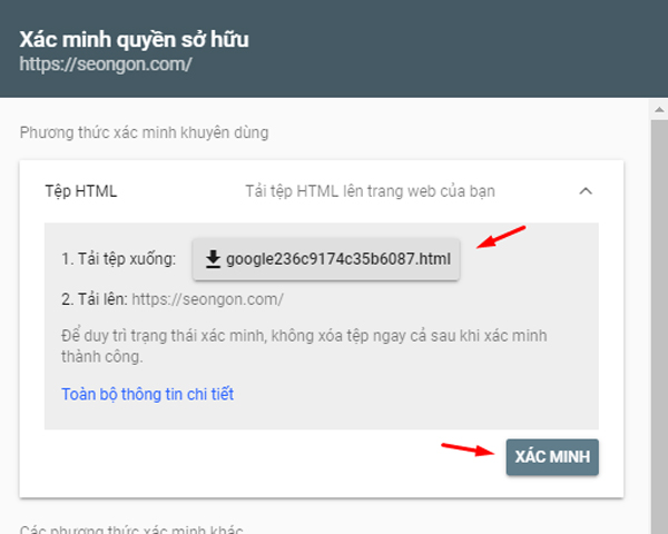 Xác minh Google Search Console bằng tệp html