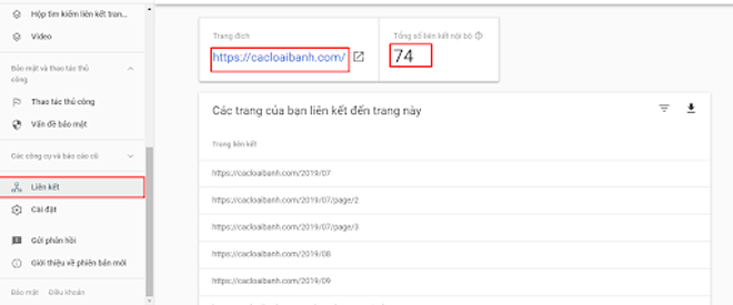 Ví dụ về liên kết nội bộ trong Google Search Console