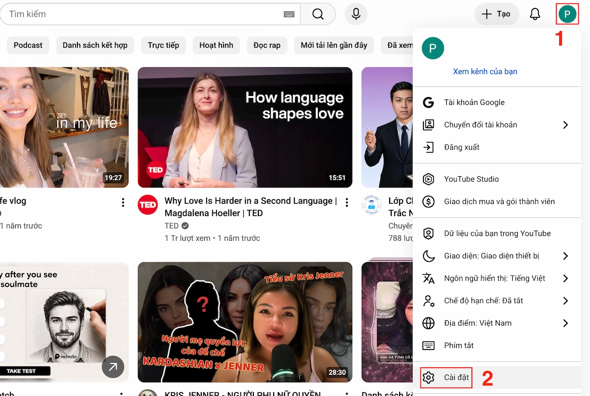 Chọn "Cài đặt" để bắt đầu tạo kênh YouTube mới