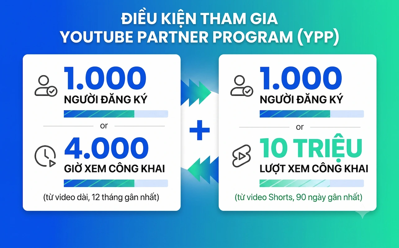 Điều kiện tham gia Chương trình Đối tác Youtube (YouTube Partner Program - YPP).