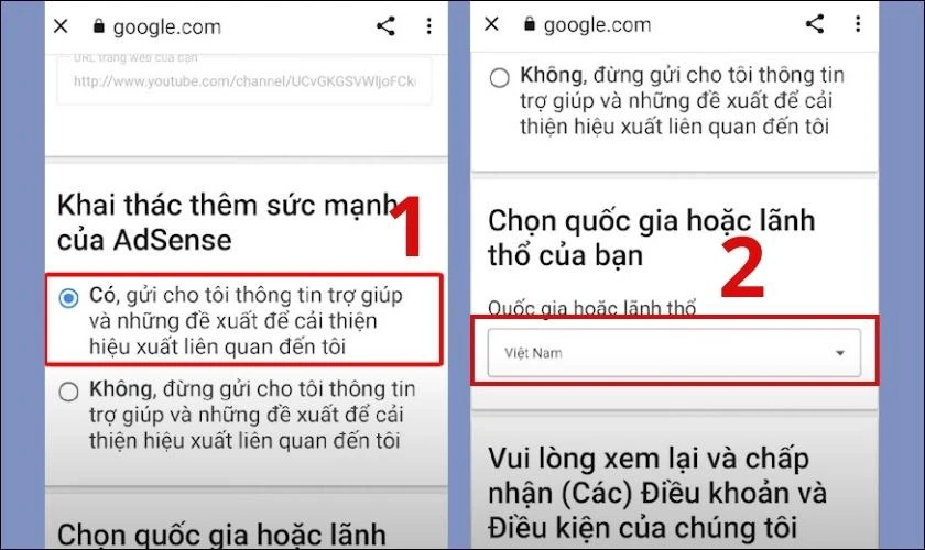 Chọn “Có” và chọn quốc gia “Việt Nam”.