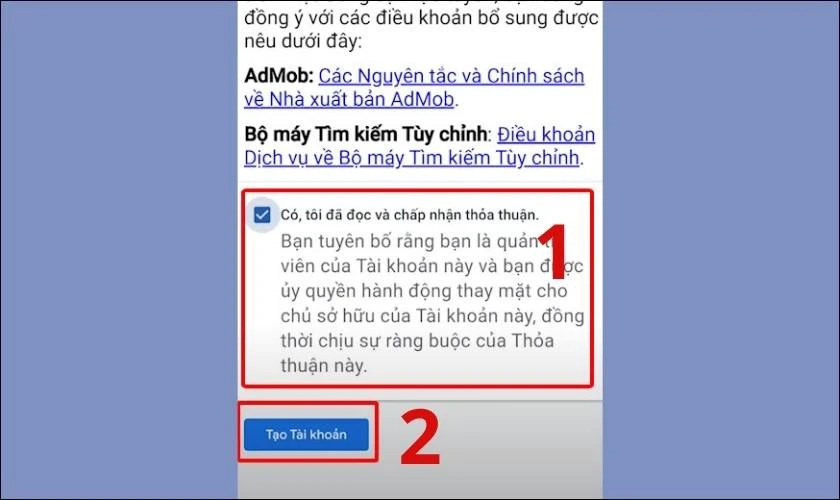 Chọn “Có, tôi đã đọc và chấp nhận thỏa thuận” rồi chọn “Tạo tài khoản”.