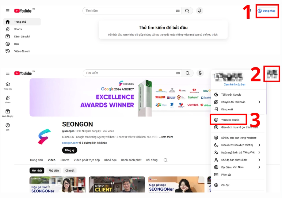 Đăng nhập tài khoản và vào mục Youtube Studio.