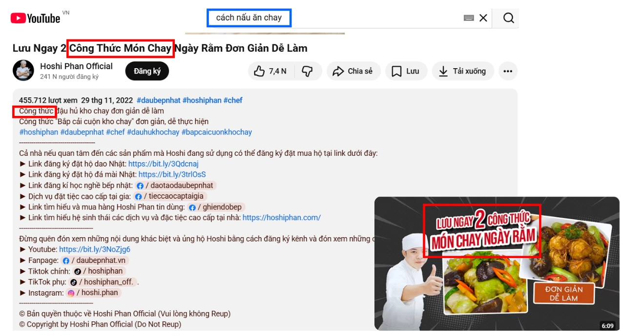 Xem mô tả và tiêu đề video của những video top đầu để tìm ra được từ khóa mà họ đang tối ưu hóa SEO.