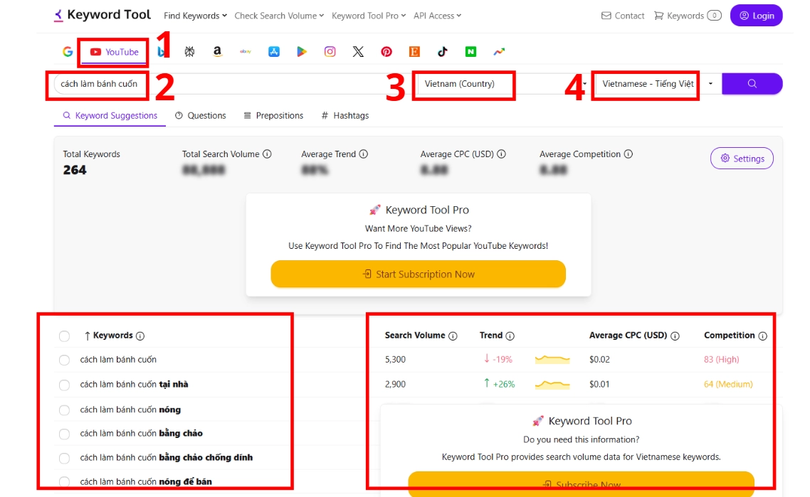 Keyword Tool sẽ hiển thị danh sách các từ khóa được người dùng tìm kiếm trên YouTube liên quan đến từ khóa của bạn.
