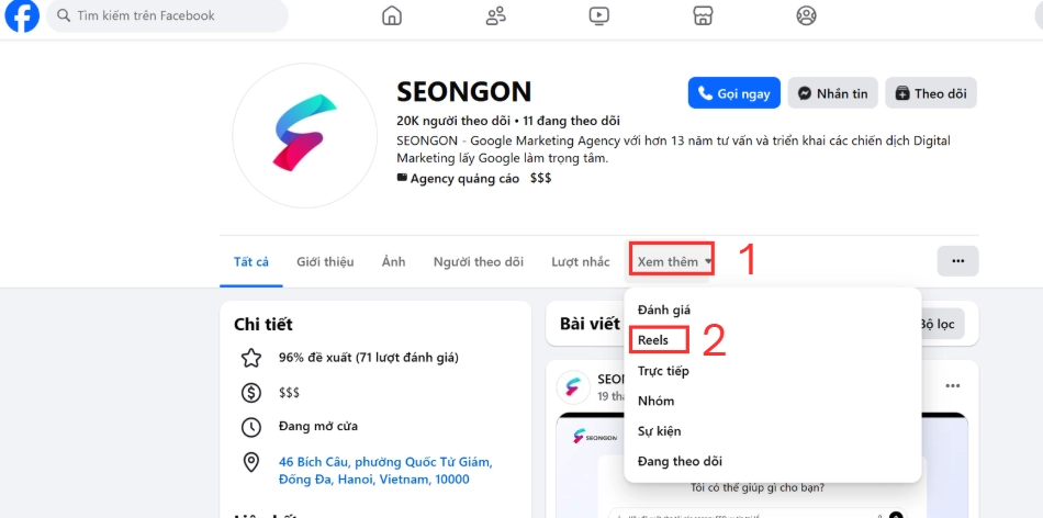 Vào trang tìm được, chọnXem thêm, sau đó chọnReels