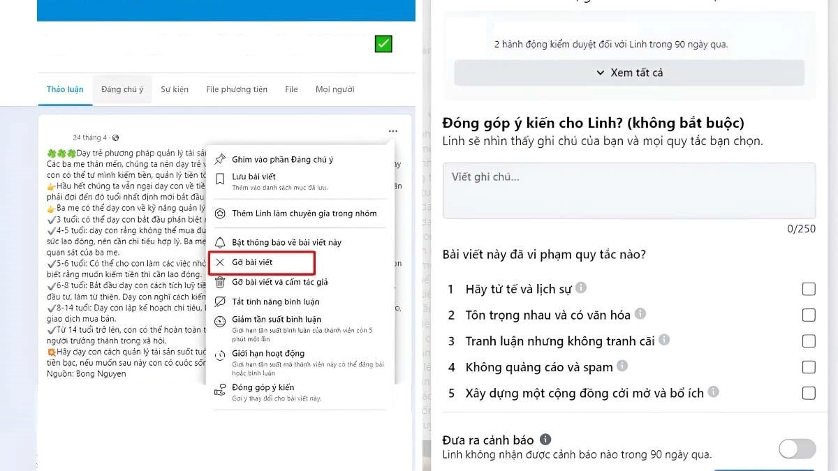Chọn Gỡ bài viết bạn muốn xóa