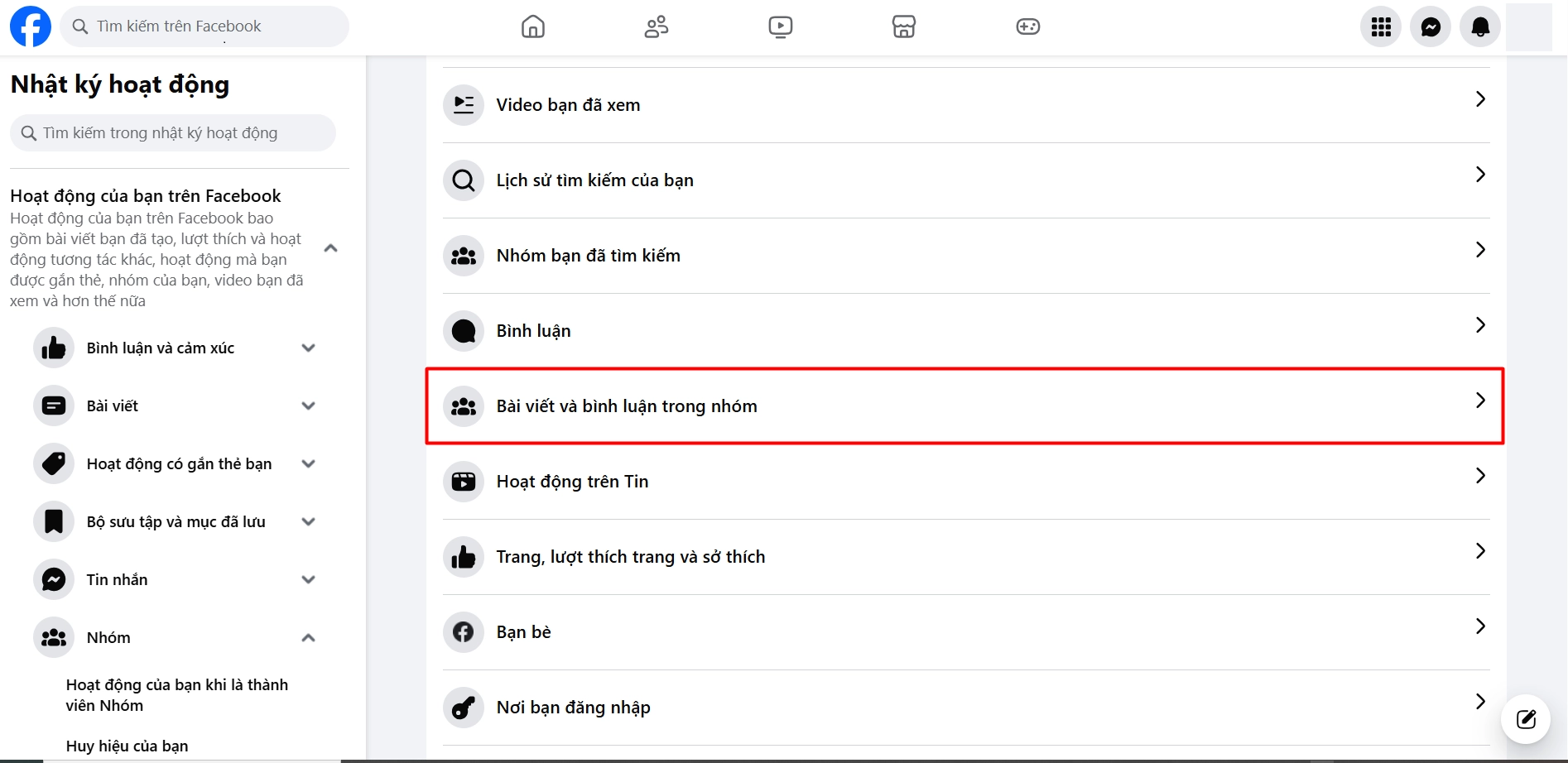 Chọn Bài viết và bình luận trong nhóm