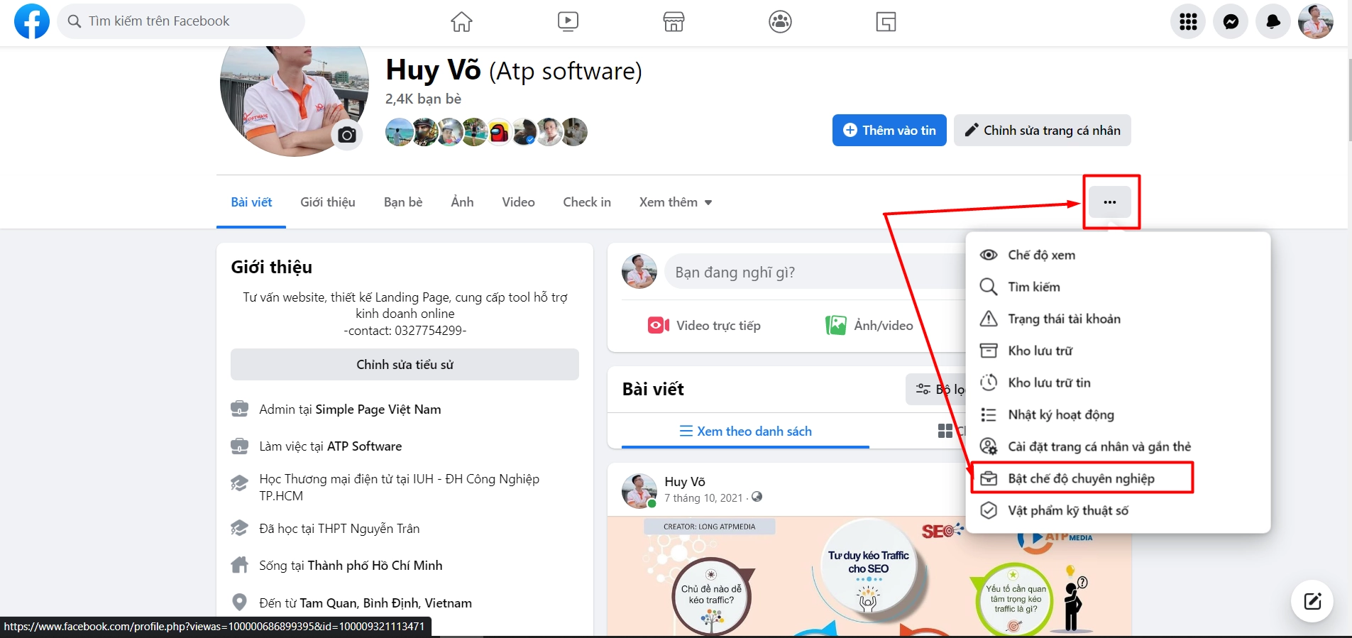 Dưới phần ảnh bìa và menu, bạn nhấn vào nút ba dấu chấm ở phía bên phải rồi chọn dòng Bật chế độ chuyên nghiệp (Nguồn ảnh: Internet)