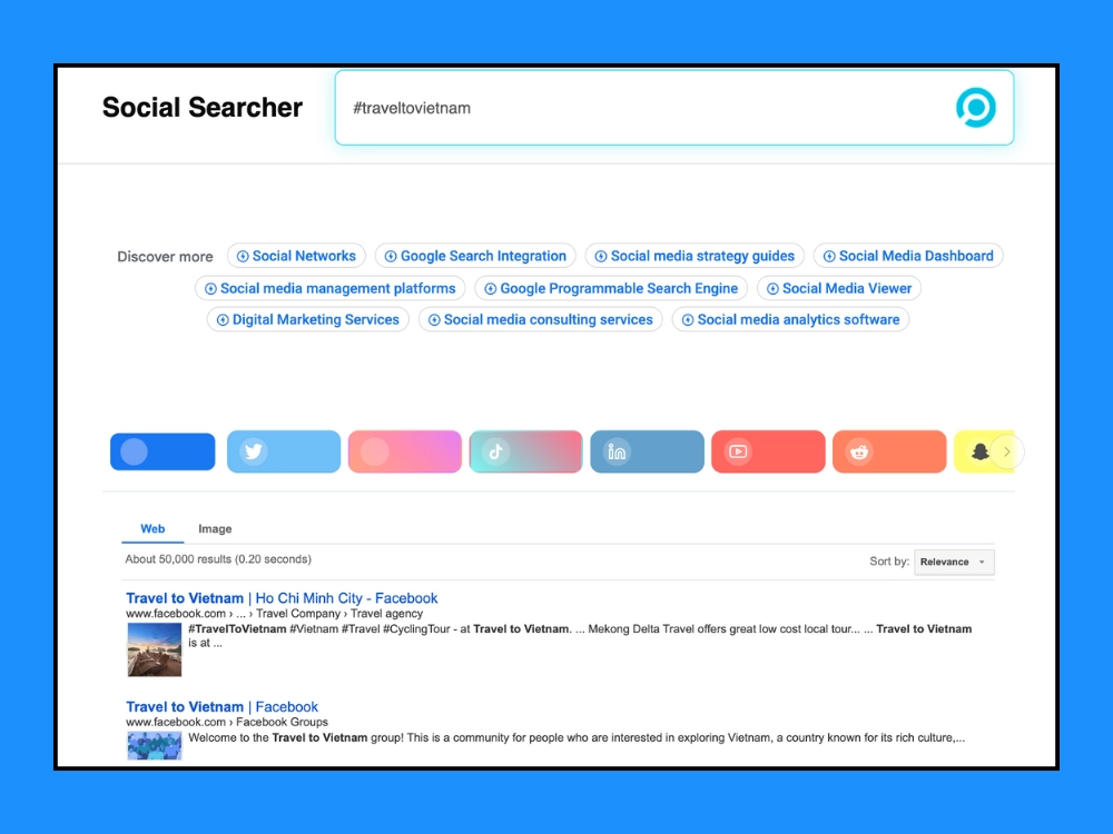 Social Searcher là công cụ miễn phí cho phép theo dõi hashtag, lượt đề cập và nội dung liên quan trên nhiều nền tảng