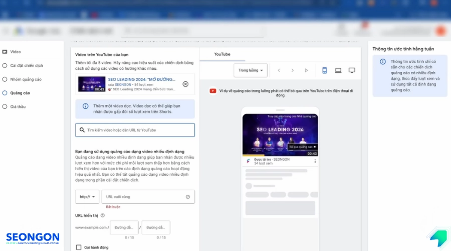 Dán URL video YouTube, thiết lập liên kết URL cuối cùng và xem trước giao diện hiển thị quảng cáo.