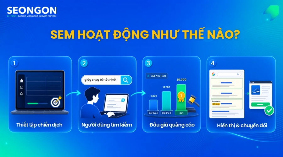 SEM hoạt động như thế nào? Tìm hiểu quy trình 4 bước từ khi người dùng nhập truy vấn đến cơ chế đấu giá quảng cáo của Google.