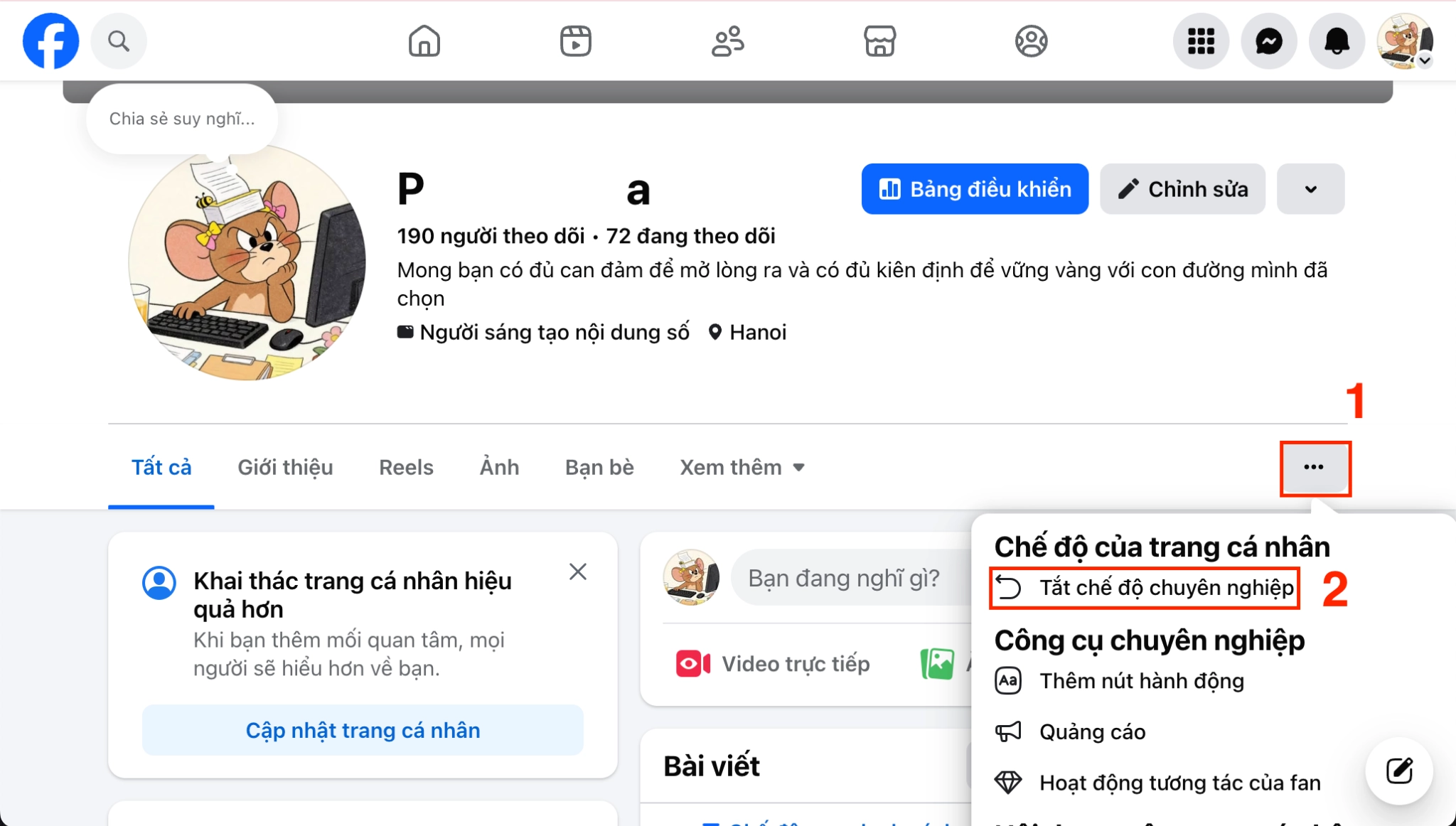 Bạn nhấn vào dấu ba chấm dưới ảnh bìa, sau đó bấm Tắt chế độ chuyên nghiệp 