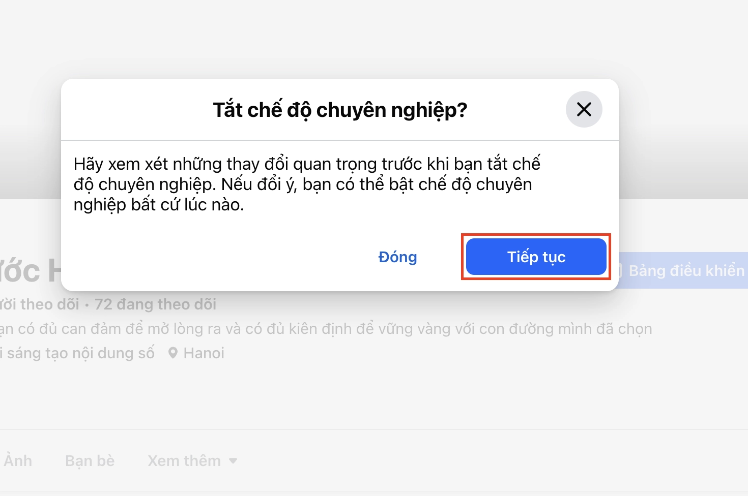 Chọn tiếp tục để hoàn tất việc tắt chế độ chuyên nghiệp trên Facebook