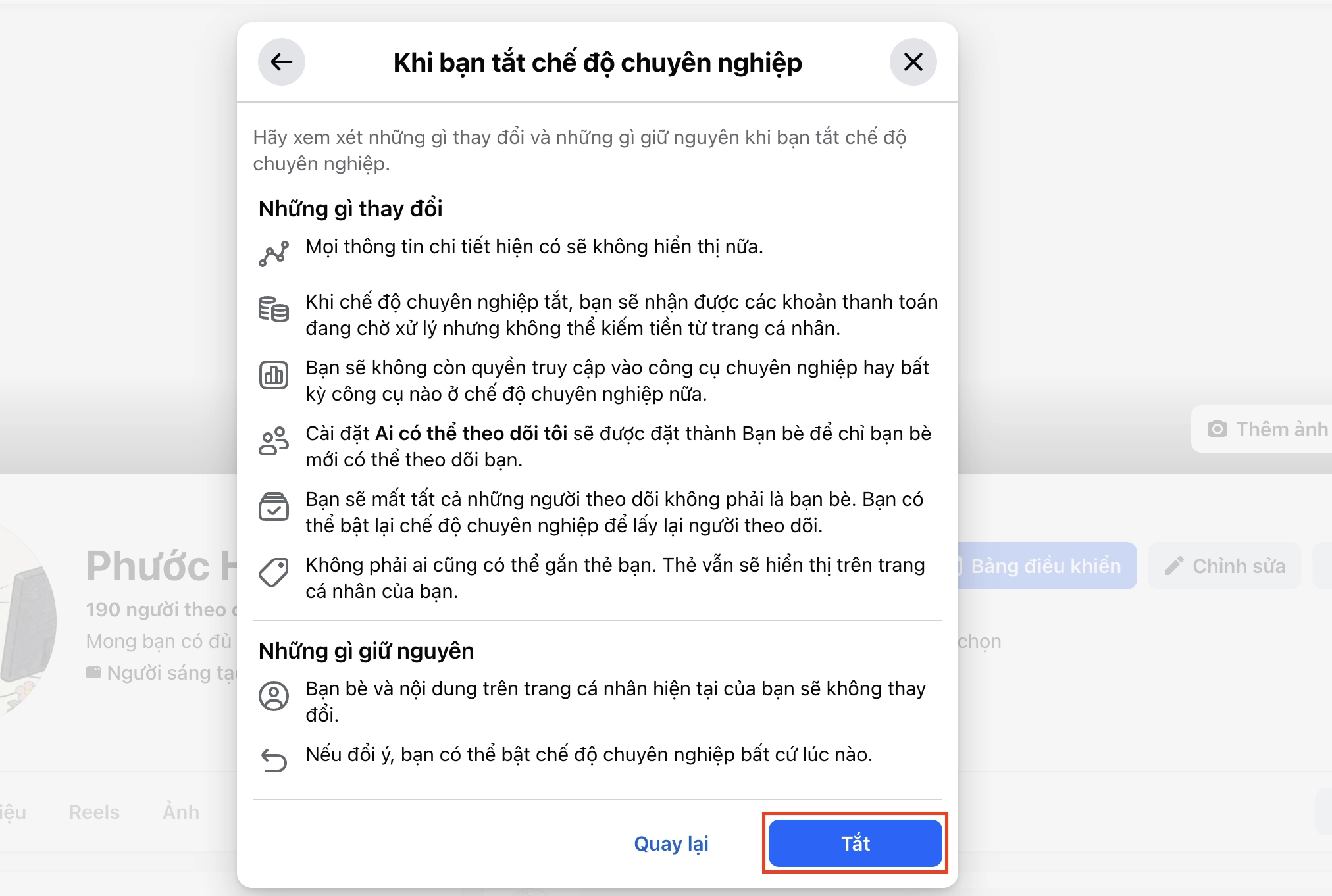 Sau khi tắt chế độ chuyên nghiệp, bạn không xem lại được Insights/hiệu suất bài viết đã có 