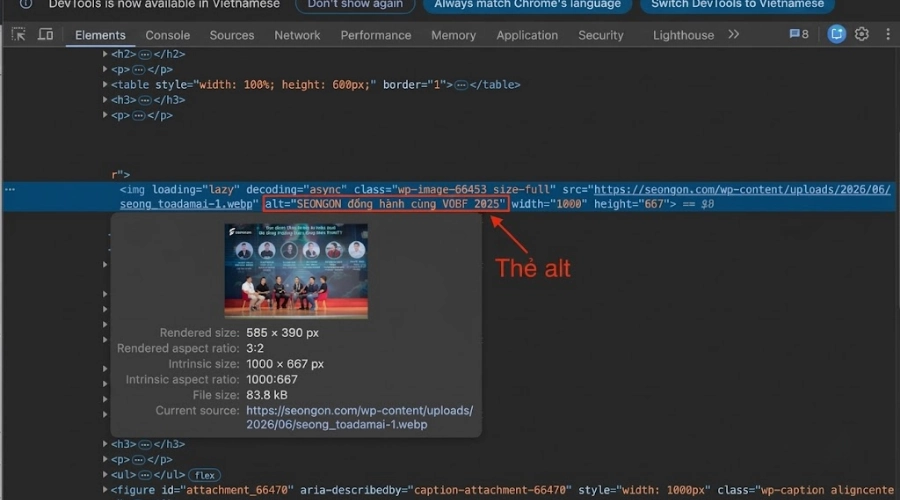 Ví dụ vị trí thuộc tính Alt Text đặt phía sau thuộc tính src trong thẻ<img>khi kiểm tra mã nguồn HTML (DevTools).