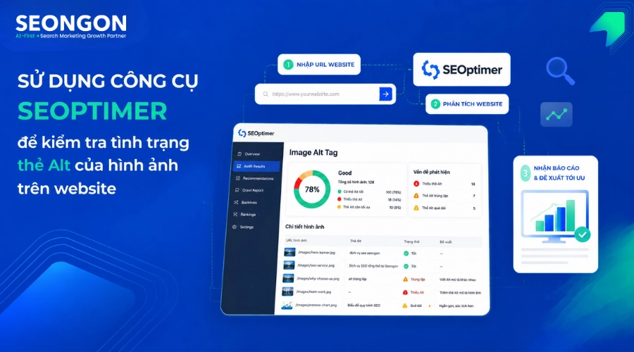 Sử dụng công cụ SEOptimer để kiểm tra tình trạng thẻ Alt của hình ảnh trên website.