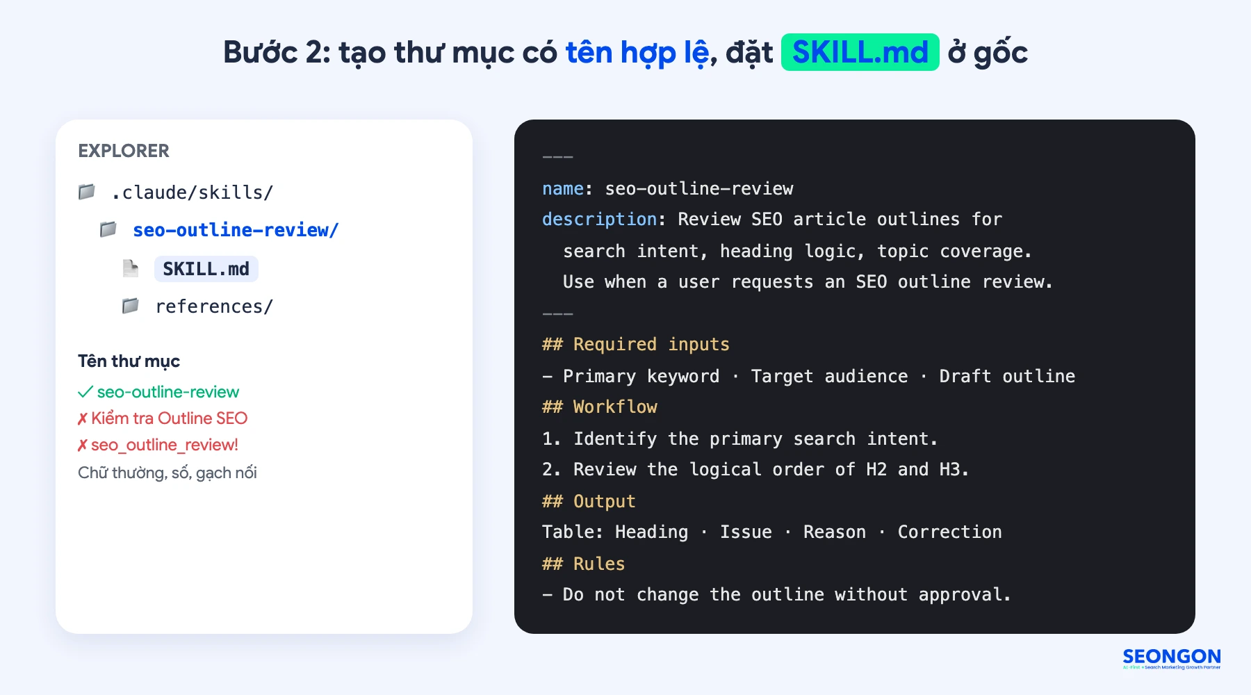 Tạo thư mục có tên hợp lệ và tệp SKILL.md ở thư mục gốc