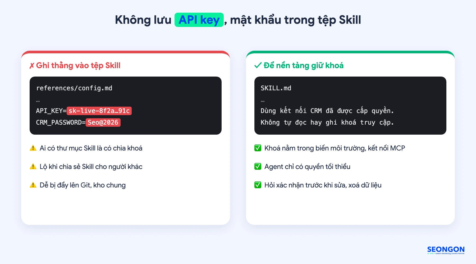 Không lưu API key, mật khẩu trong tệp Skill