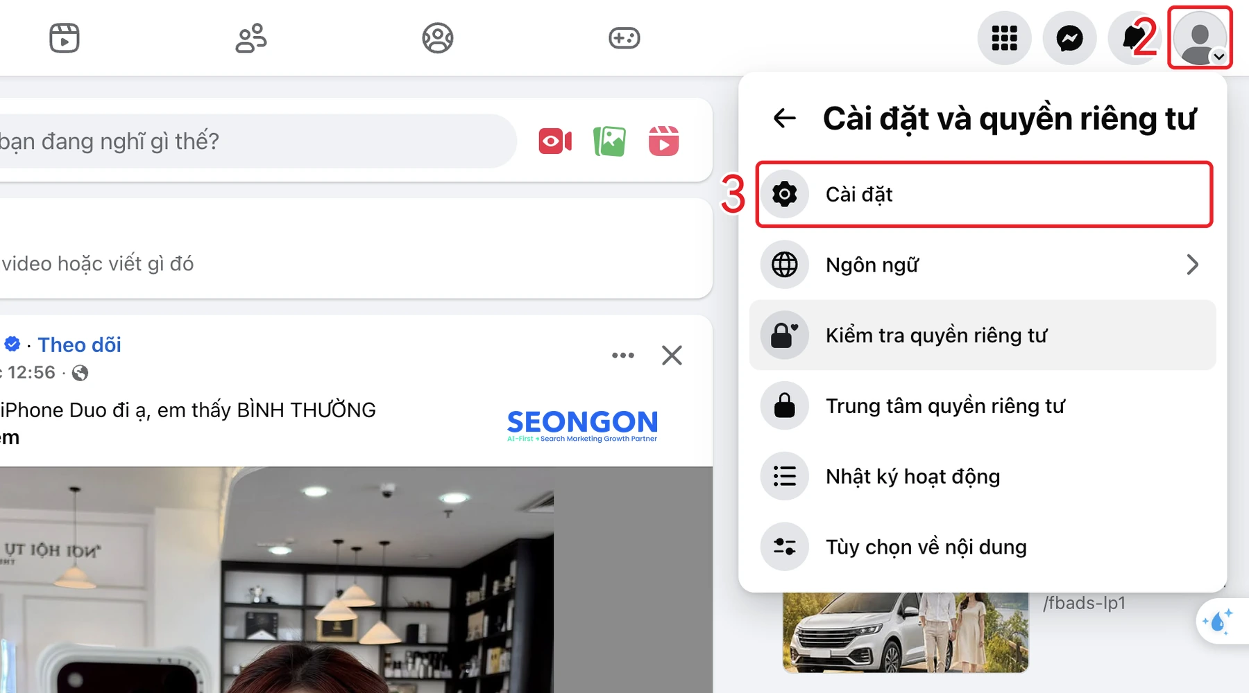 Mở Cài đặt Facebook trên máy tính