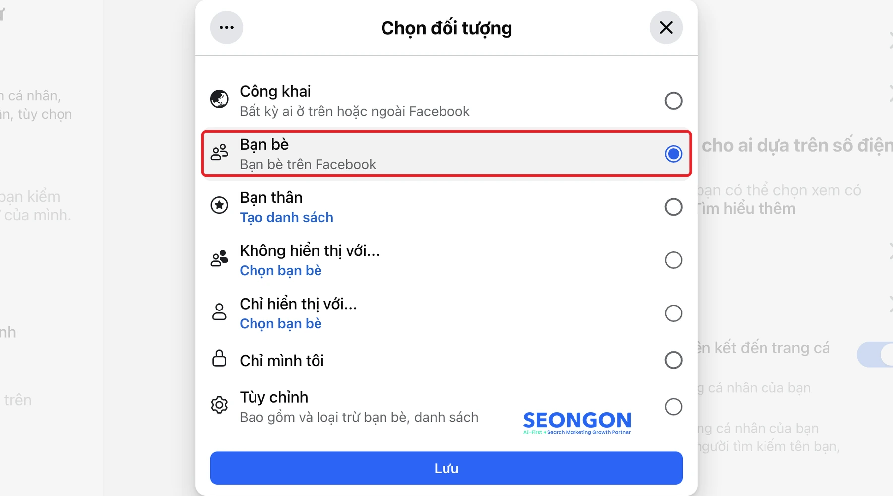 Chọn Bạn bè để ẩn danh sách bạn bè với người lạ