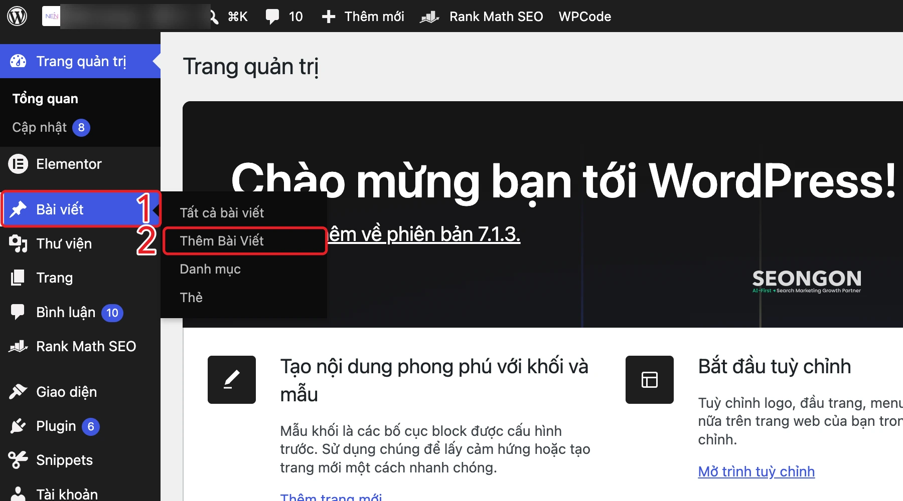 Trang quản trị WordPress: rê chuột vào Bài viết và chọn Thêm Bài Viết