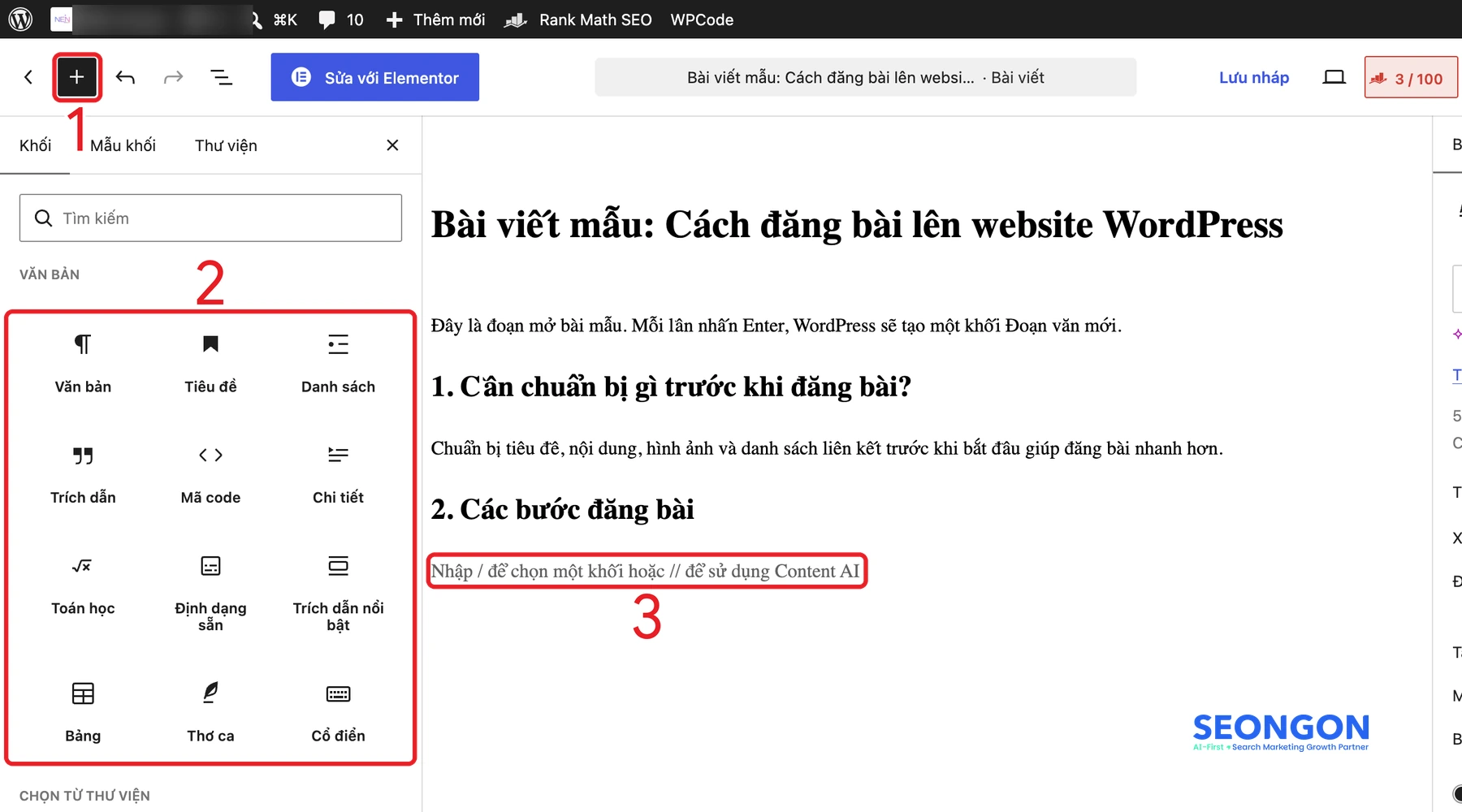 Danh sách khối trong trình soạn thảo WordPress