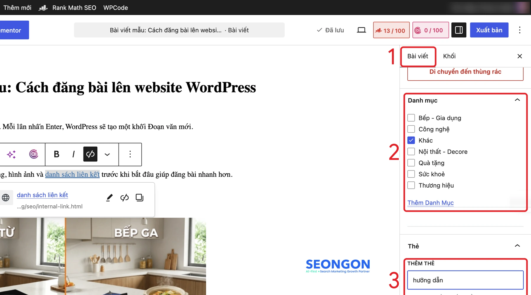 Mục Danh mục và Thẻ trong tab Bài viết của WordPress