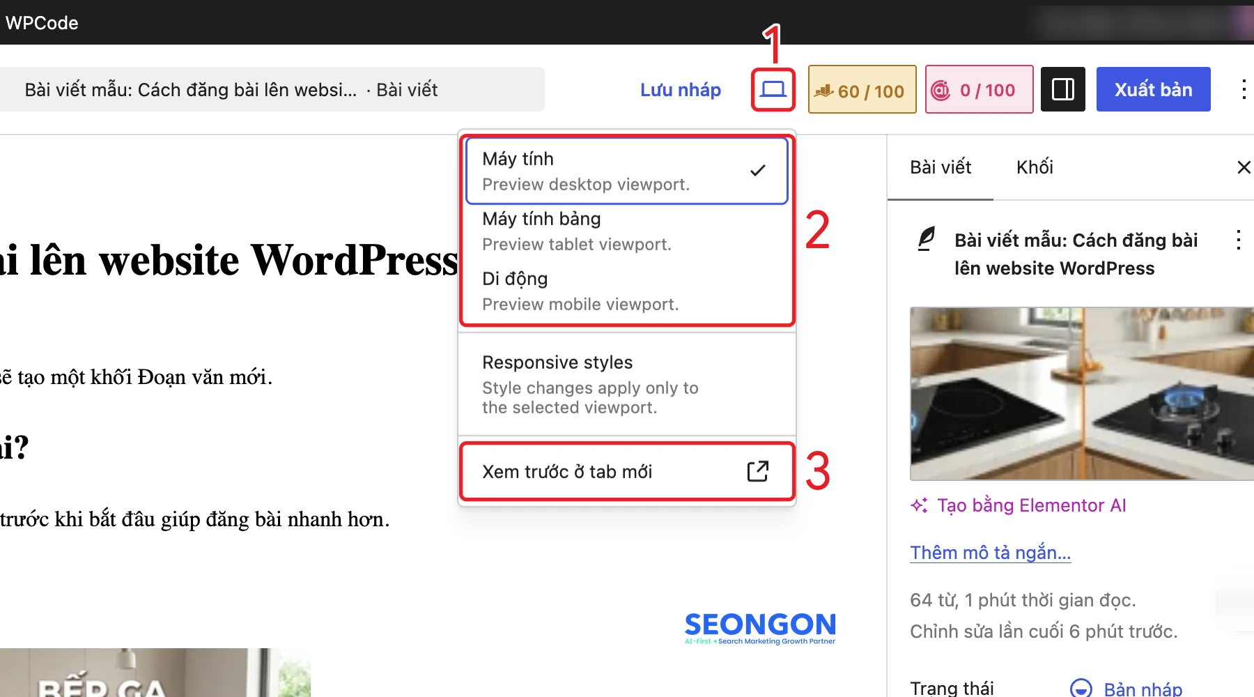 Menu Xem trước trong trình soạn thảo WordPress