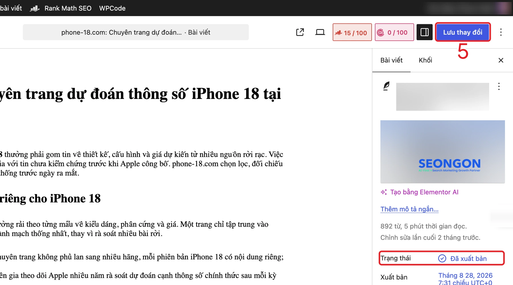 Nút Lưu thay đổi khi sửa bài đã xuất bản